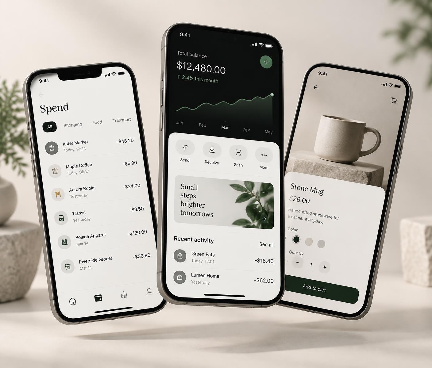 Mobile app screens and an ecommerce product interface shown on layered devices